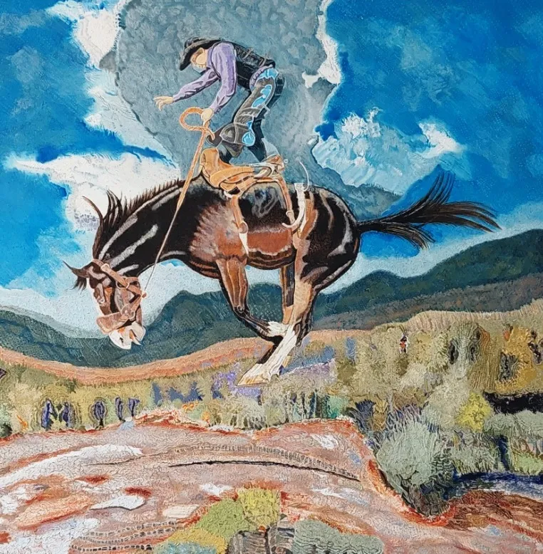Feral quarter horse launching rider.