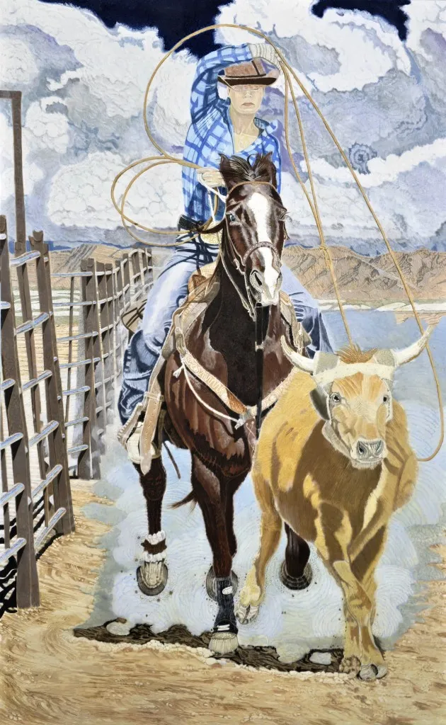 Cowgirl lassoing steer along fence on cloudy day.