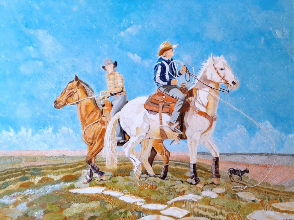 Runaway calf escapes two riders.