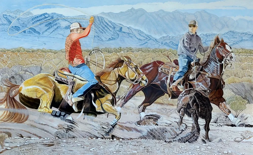 Modern cowboys wrangling steer.